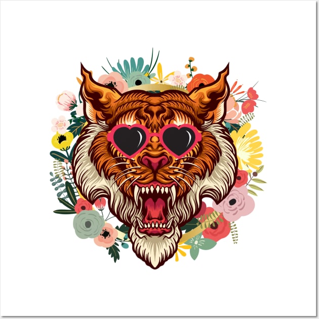 Tiger with Heart Sunglasses in a Flower Wreath Wall Art by nathalieaynie